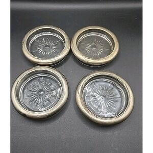 Leonard Silver Plated Crystal Glass Coasters 4" Made In Italy Set of 4 Vintage